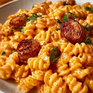 Cajun Smoked Sausage Alfredo Pasta dish garnished with fresh herbs