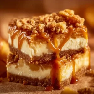 Caramel apple cheesecake bars topped with caramel drizzle and apple slices