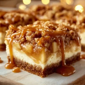 Delicious caramel apple cheesecake bars topped with caramel drizzle.