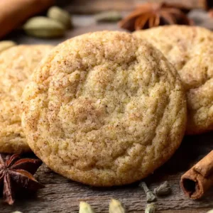 Freshly baked chai sugar cookies with spices and sugar on a plate.