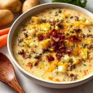 Bowl of cheeseburger soup topped with cheese and green onions.