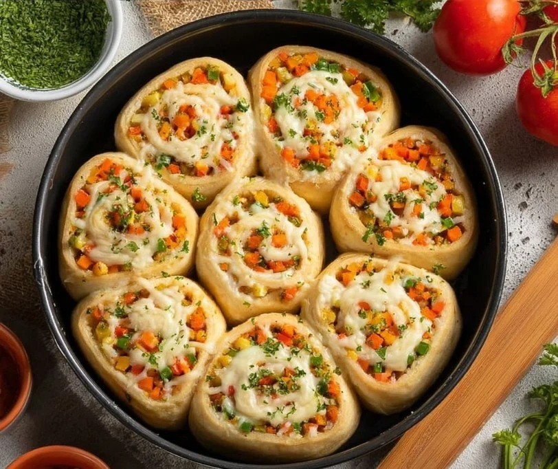 Cheesy baked vegetable rolls served on a plate with fresh herbs