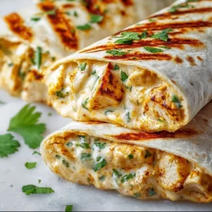 Delicious cheesy garlic chicken wraps served with fresh vegetables