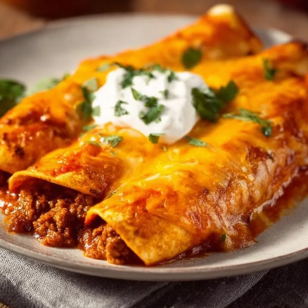 Cheesy ground beef enchiladas topped with melted cheese and garnished with cilantro