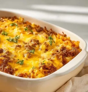 Cheesy ground beef hash brown casserole baked to perfection