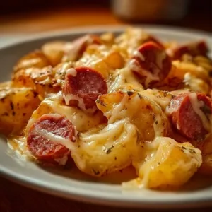Cheesy Ranch Potatoes with Smoked Sausage served on a plate