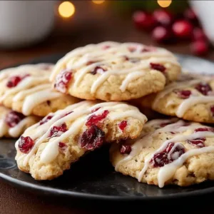 Chewy Christmas cranberry orange cookies on a festive plate