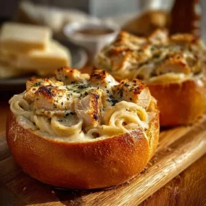 Chicken Alfredo Garlic Bread Bowls with creamy sauce and crispy bread