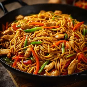 Delicious Chicken Lo Mein dish with fresh vegetables and noodles