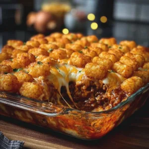 Delicious Chili Cheese Tater Tot Casserole topped with melted cheese and chili