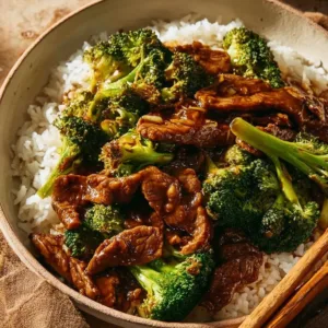 Delicious Chinese Beef and Broccoli served with rice.