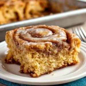 Delicious cinnamon roll cake topped with icing and cinnamon streusel.