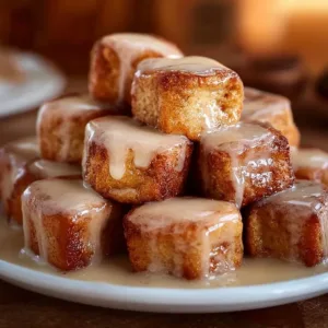 Delicious Cinnamon Roll French Toast Bites topped with icing and served on a plate.