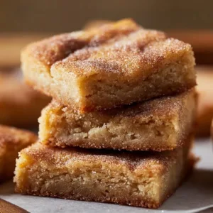 Freshly baked cinnamon sugar blondies on a wooden table