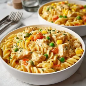 A bowl of Classic Chicken Pot Pie Pasta with creamy sauce and vegetables.