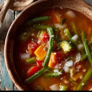 A bowl of classic vegetable soup garnished with pink salt and fresh herbs