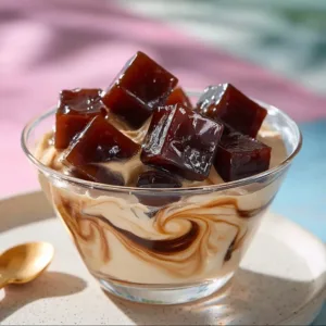 Delicious homemade coffee jelly served in a clear bowl, garnished with cream.