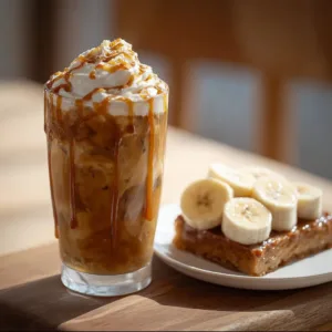 Delicious Copycat 7 Brew Banana Bread Blondie dessert with banana slices.