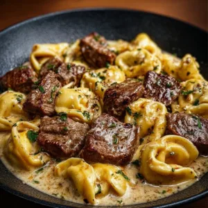 Cracked Garlic Steak Tortellini served in Creamhouse Sauce with fresh herbs