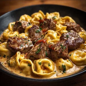 Delicious Garlic Steak Tortellini in Creamhouse Sauce on a plate