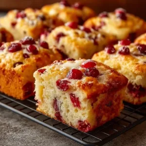 Delicious cranberry orange soft morning muffin squares on a plate.