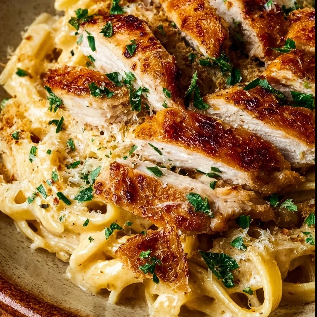 Plate of creamy garlic chicken pasta garnished with parsley