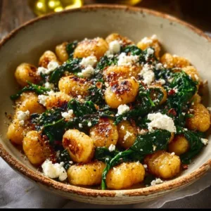 Creamy gnocchi dish with spinach and feta cheese served in a bowl