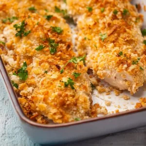 Creamy Ritz Cracker Chicken Casserole topped with crunchy Ritz crackers