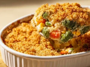 Creamy vegetable rice casserole with cheddar cheese and Ritz crackers topping