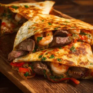 Delicious Creole Steak and Shrimp Quesadillas served on a plate