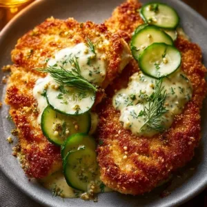 Crispy dill pickle parmesan chicken served on a plate with garnishes