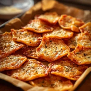 A bowl of crispy pizza chips, a tasty and unique snack option for pizza lovers.