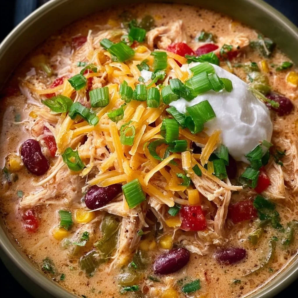 Crockpot Cream Cheese Chicken Chili in a bowl garnished with cilantro