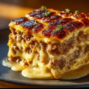 Delicious pancake sausage casserole served in a baking dish with golden brown topping.