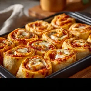 Delicious pizza roll-ups filled with cheese and toppings, perfect for snacking.