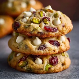 Close-up of white chocolate cranberry pistachio cookies on a plate