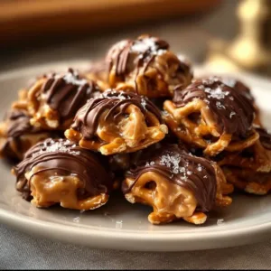 No-bake peanut butter pretzel clusters on a white plate