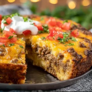 Easy taco pie recipe with ingredients like ground beef, cheese, and taco seasoning.
