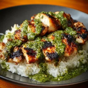 Delicious plate of Peruvian chicken served with Aji Verde and cilantro rice