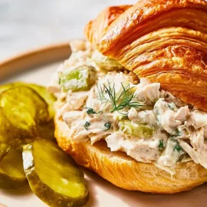 Flavored dill pickle chicken salad in a bowl with fresh ingredients