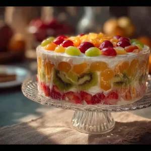 Colorful flavored jello salad served in a glass bowl, perfect for parties