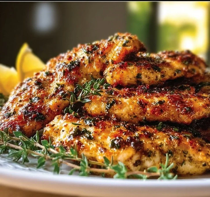 Delicious Mediterranean chicken tenders served with fresh herbs and lemon wedges