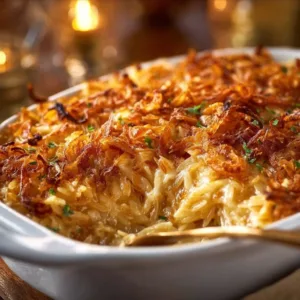 Delicious French Onion Chicken Orzo Casserole topped with cheese and herbs