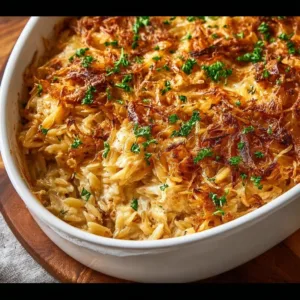 Delicious French onion chicken casserole with orzo and melted cheese