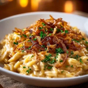 Delicious French Onion Chicken Orzo Casserole topped with melted cheese