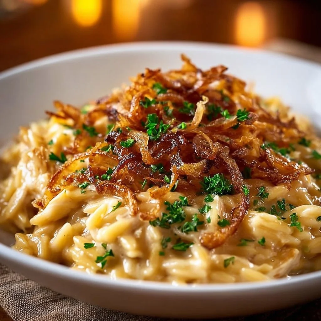 Delicious French Onion Chicken Orzo Casserole topped with melted cheese