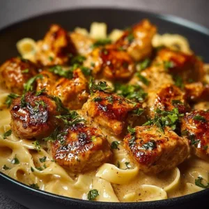 Garlic Butter Chicken Bites served with Creamy Parmesan Pasta on a plate