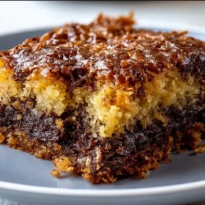 Delicious German Chocolate Dump Cake topped with coconut and pecans
