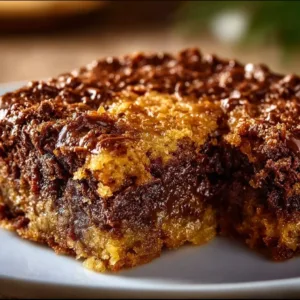 German Chocolate Dump Cake with chocolate frosting and coconut topping