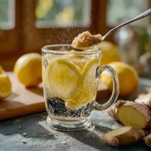 Refreshing Ginger Trick drink recipe with ginger, lemon, and honey.